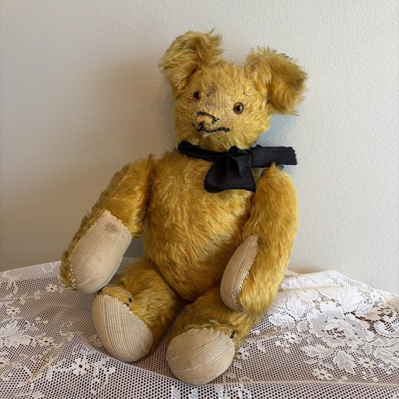 Antique Other - Antique 1920s Golden Mohair Teddy Bear Fully Jointed Hump Back Glass Eyes 16in